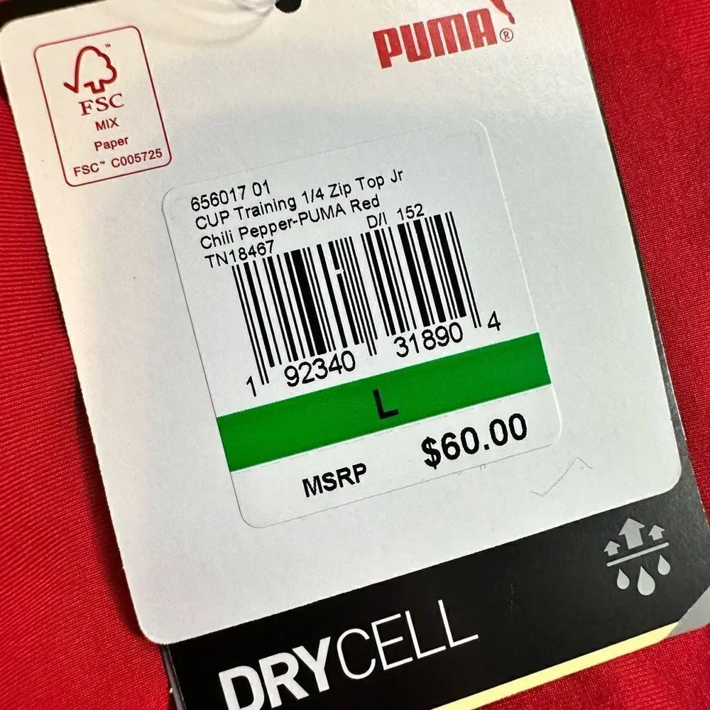 NWT PUMA Youth Red Quarter Zip Mock Neck Long Sleeve Pullover Soccer - Size L